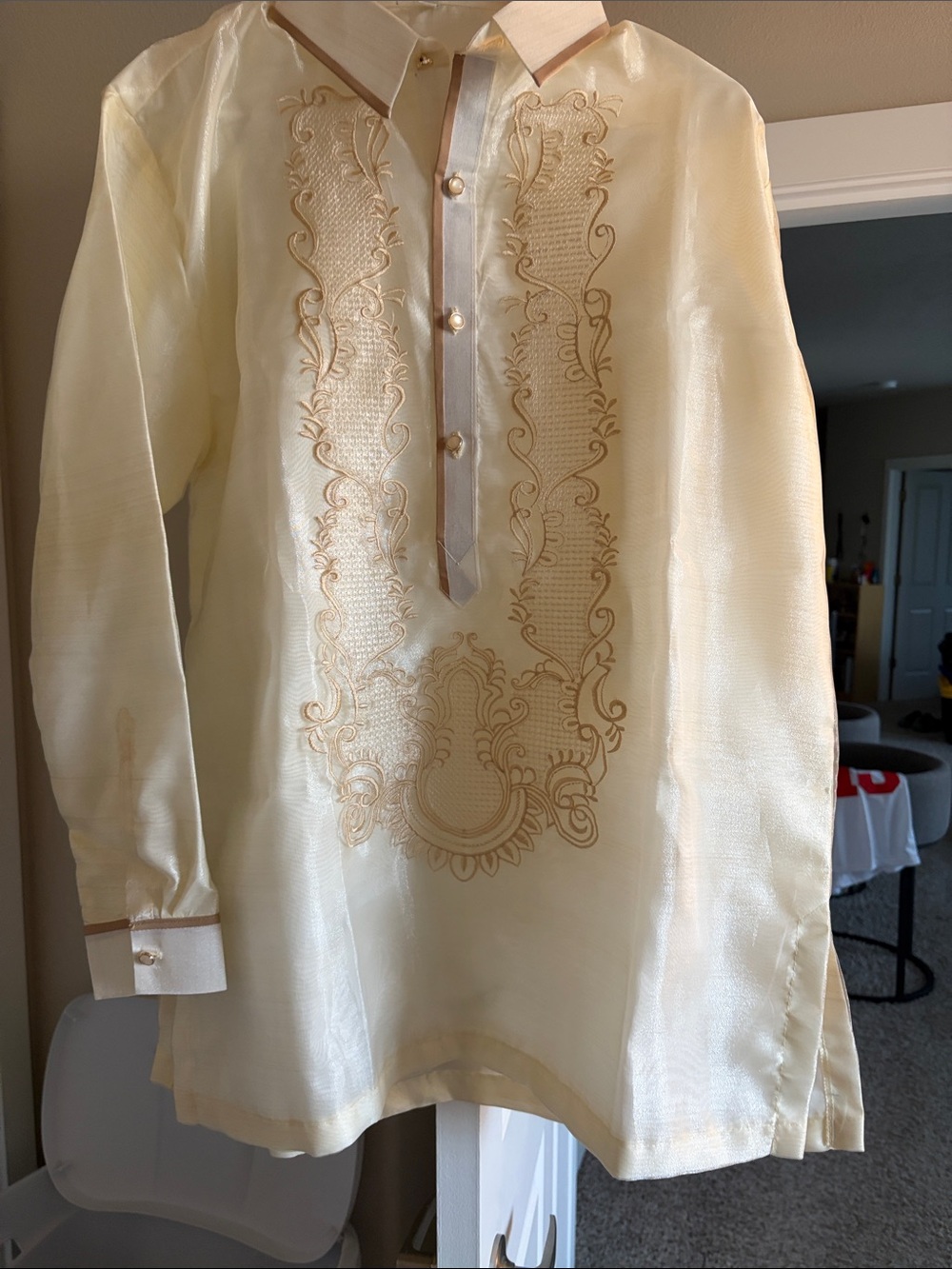 Men's Traditional Embroidered Barong-Style Shirt in Cream